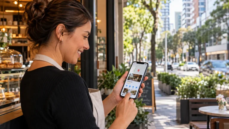 Dona de café no Batel, em Curitiba, conferindo o perfil da empresa no Google Maps pelo celular