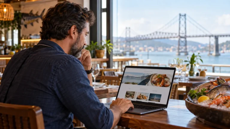 Dono de restaurante em Florianópolis vendo o site no notebook, com a Ponte Hercílio Luz ao fundo