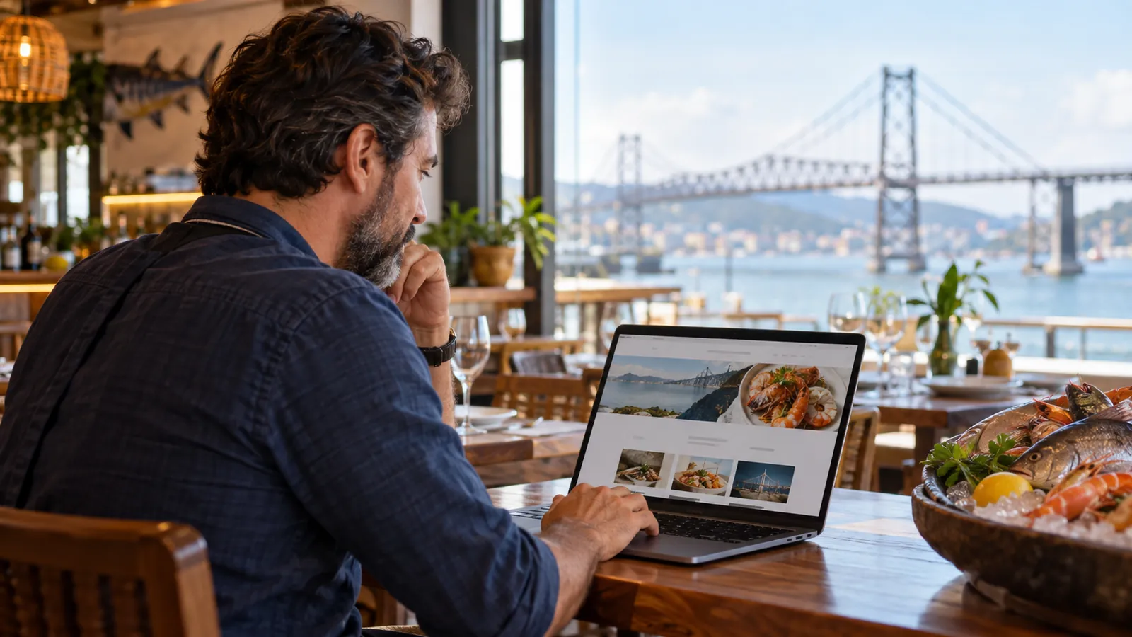 Dono de restaurante em Florianópolis vendo o site no notebook, com a Ponte Hercílio Luz ao fundo