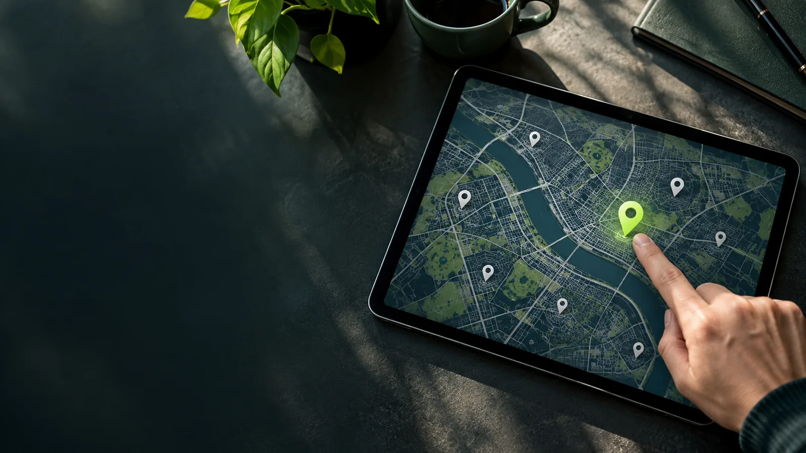 Mapa urbano com vários pinos e um pino verde em destaque