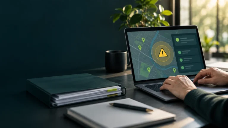 Notebook com aviso de alerta ao lado de documentos organizados