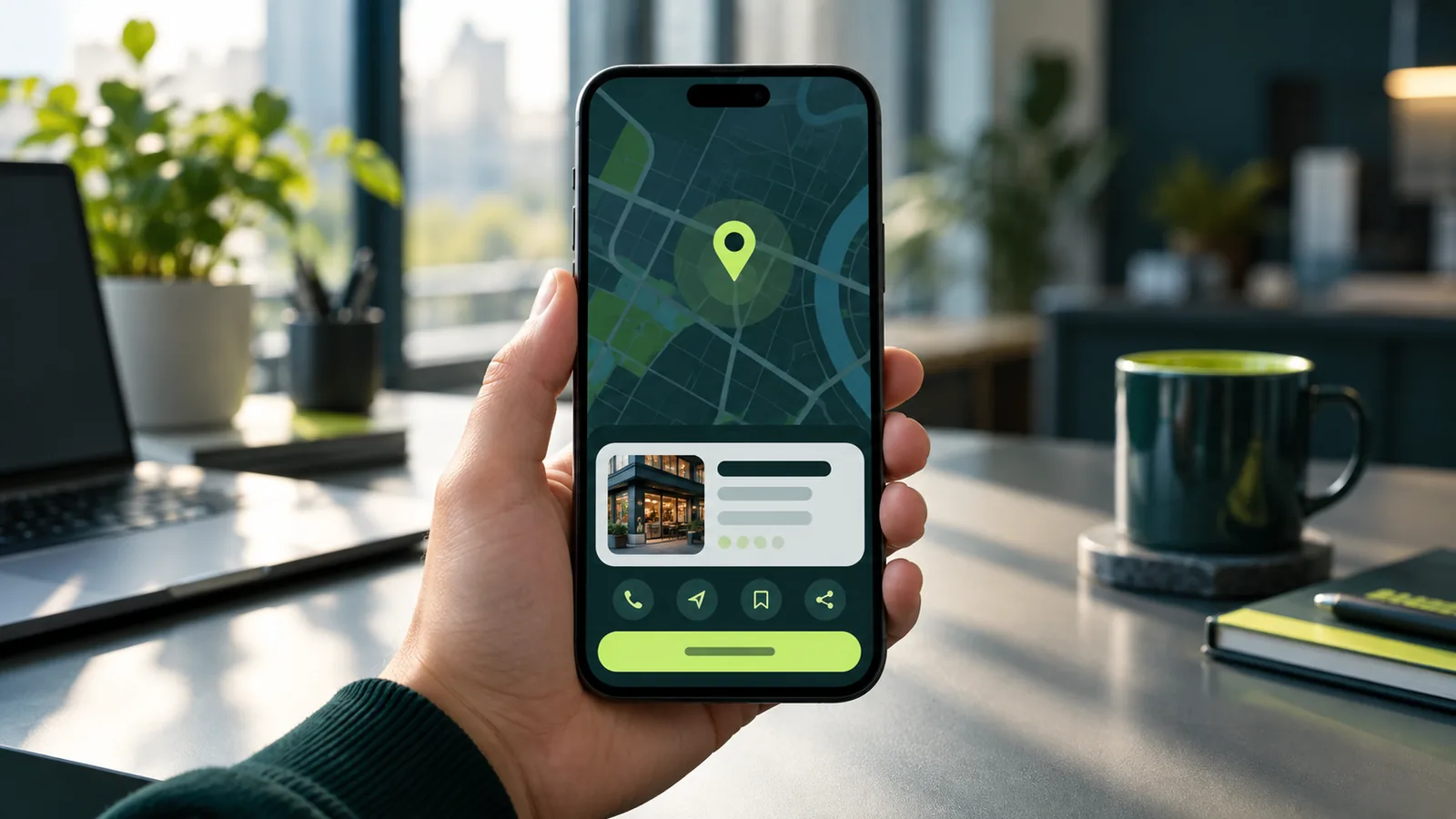 Celular com mapa e cartão de perfil de empresa