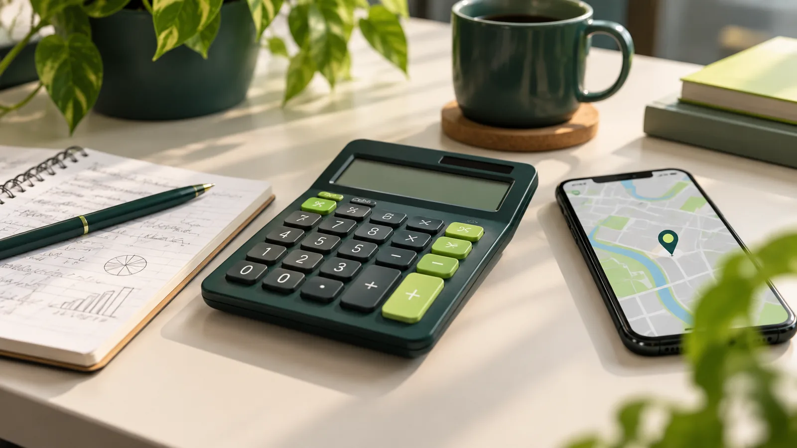 Calculadora, bloco de notas e celular com mapa sobre a mesa