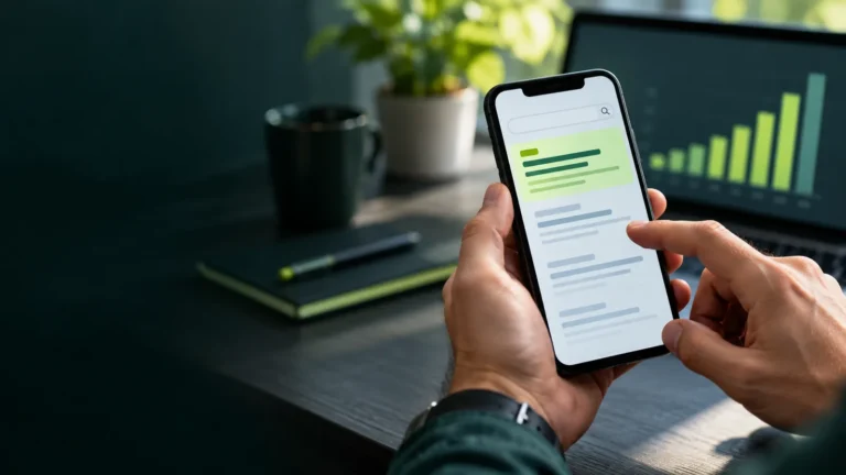 Celular com anúncio em resultados de busca e gráfico ao fundo