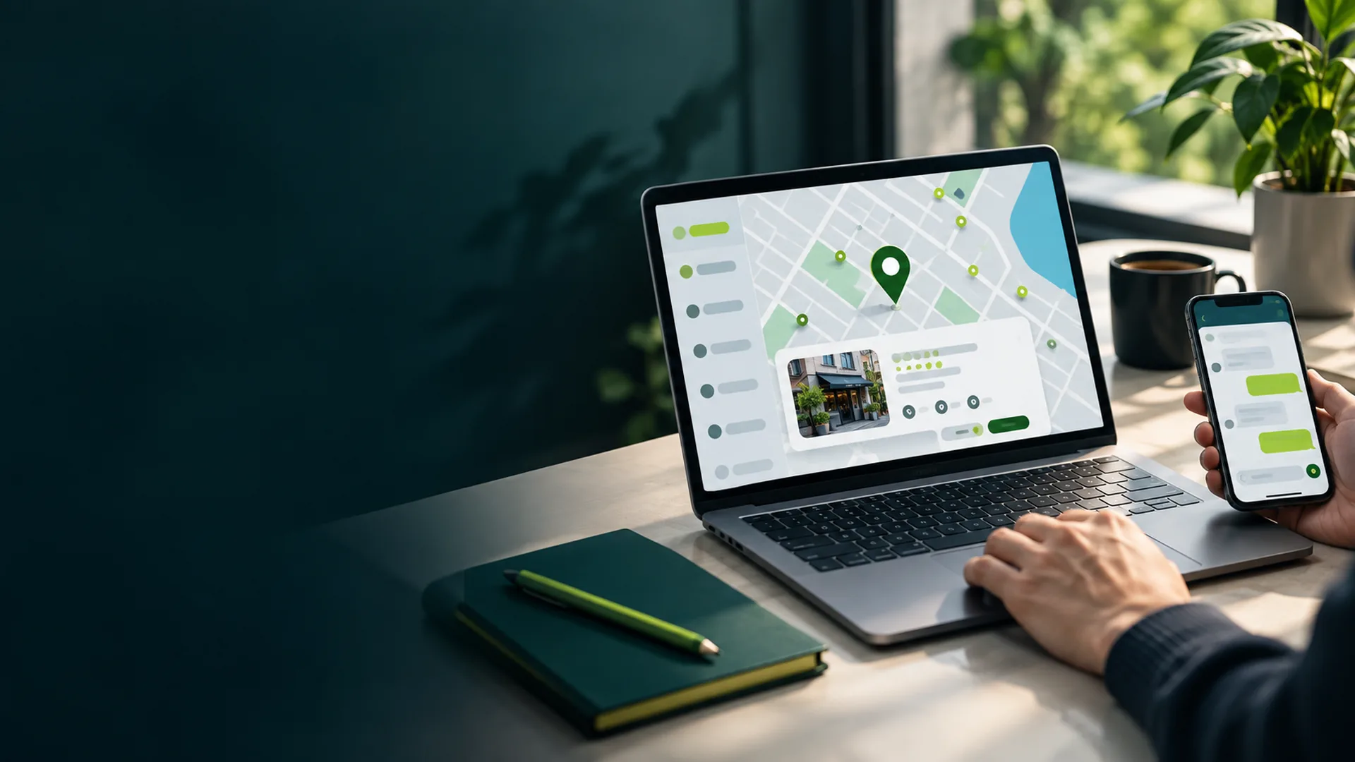 Notebook mostrando mapa com pino verde e perfil de empresa, ao lado de celular com mensagens