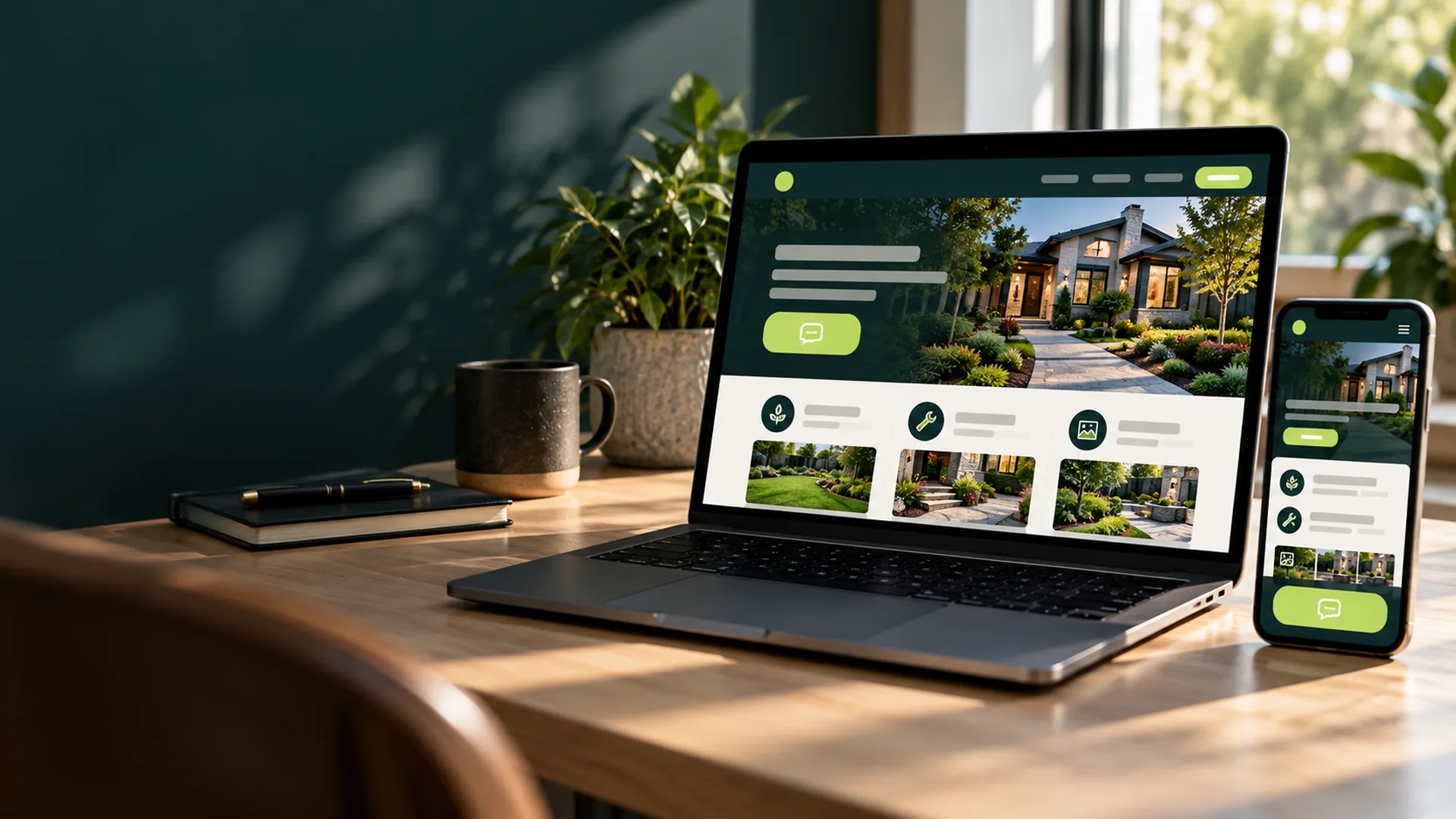 Notebook e celular exibindo o mesmo site de negócio local com botão de mensagem