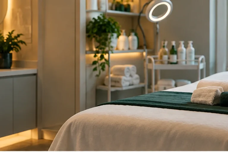 Sala de clínica de estética com maca e plantas