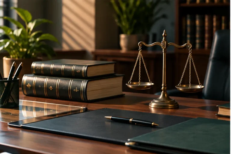 Mesa de escritório de advocacia com livros jurídicos e balança