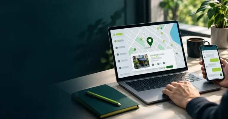 Notebook com mapa e pino de localização e celular com mensagens – Meu Negócioo