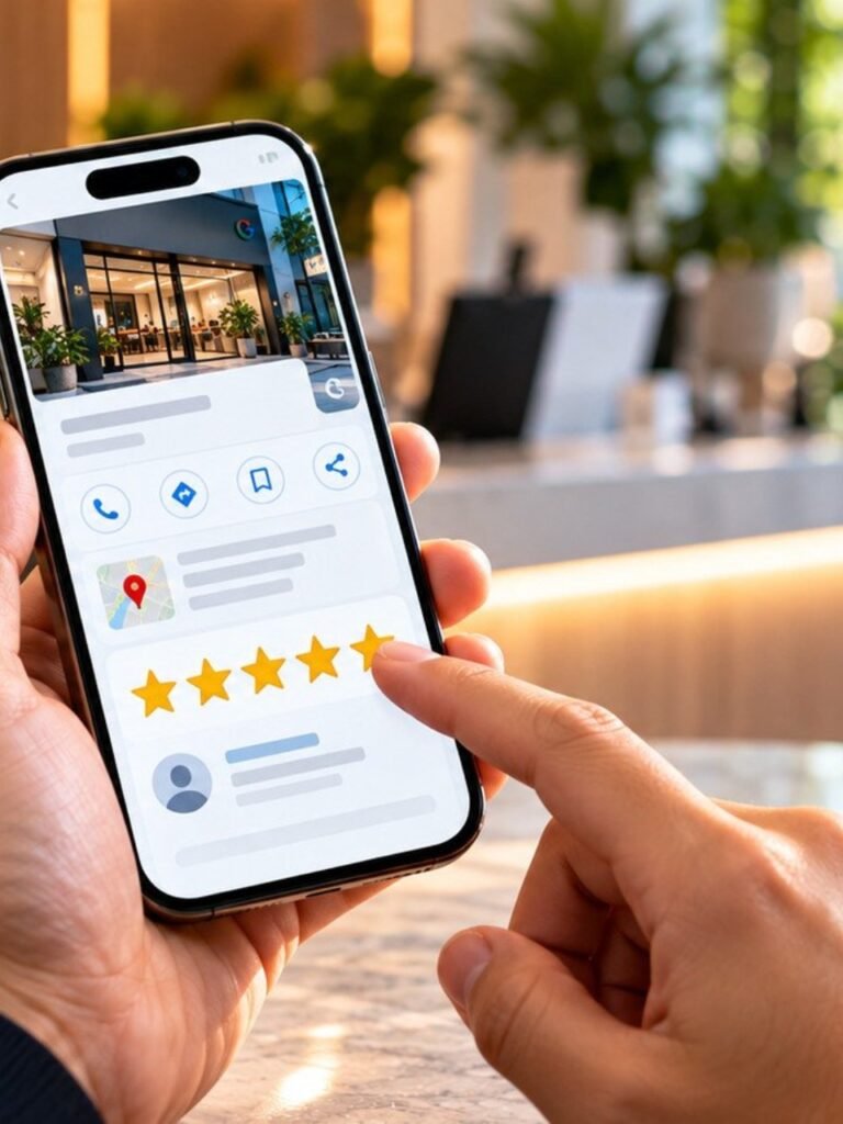 Celular mostrando avaliações de cinco estrelas