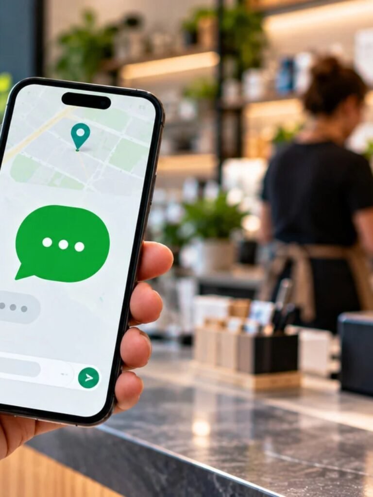 Mão segurando celular com balão de conversa verde na tela
